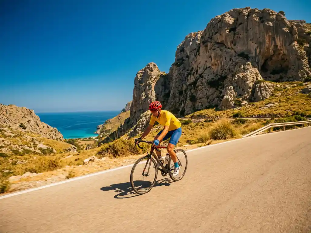 Wielrenner in fel tenue beklimt een bergpas in Mallorca, met kalkstenen rotsen van de Serra de Tramuntana en turquoise Middellandse Zee op de achtergrond.