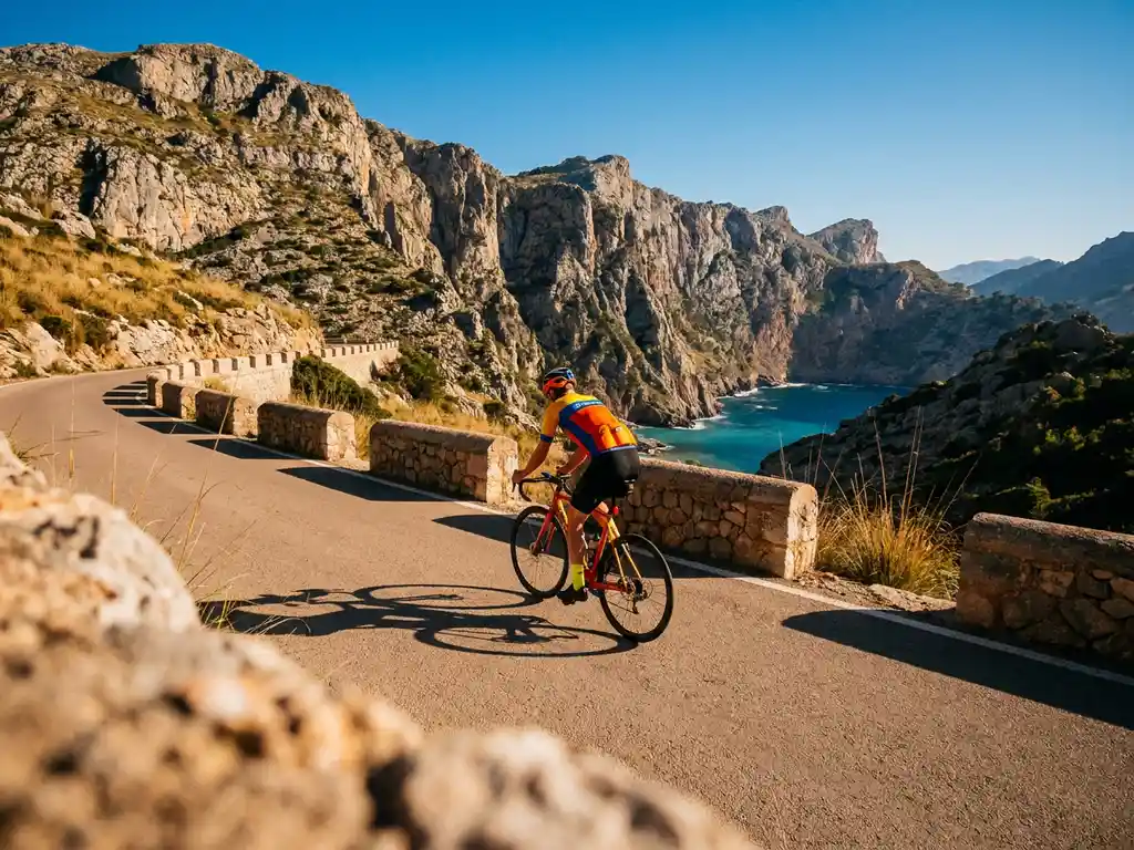Wielrenner in felgekleurde outfit beklimt een zonnig bergpas op Mallorca, met kalkstenen rotsen van de Serra de Tramuntana en turquoise zee op de achtergrond.