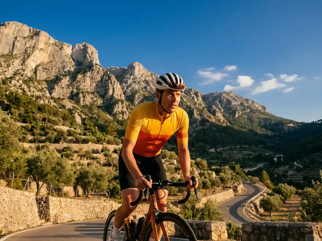 Wielrenner in felle outfit op bergpas in Mallorca, met kalkstenen rotsen van de Serra de Tramuntana en olijfgaarden op de achtergrond.