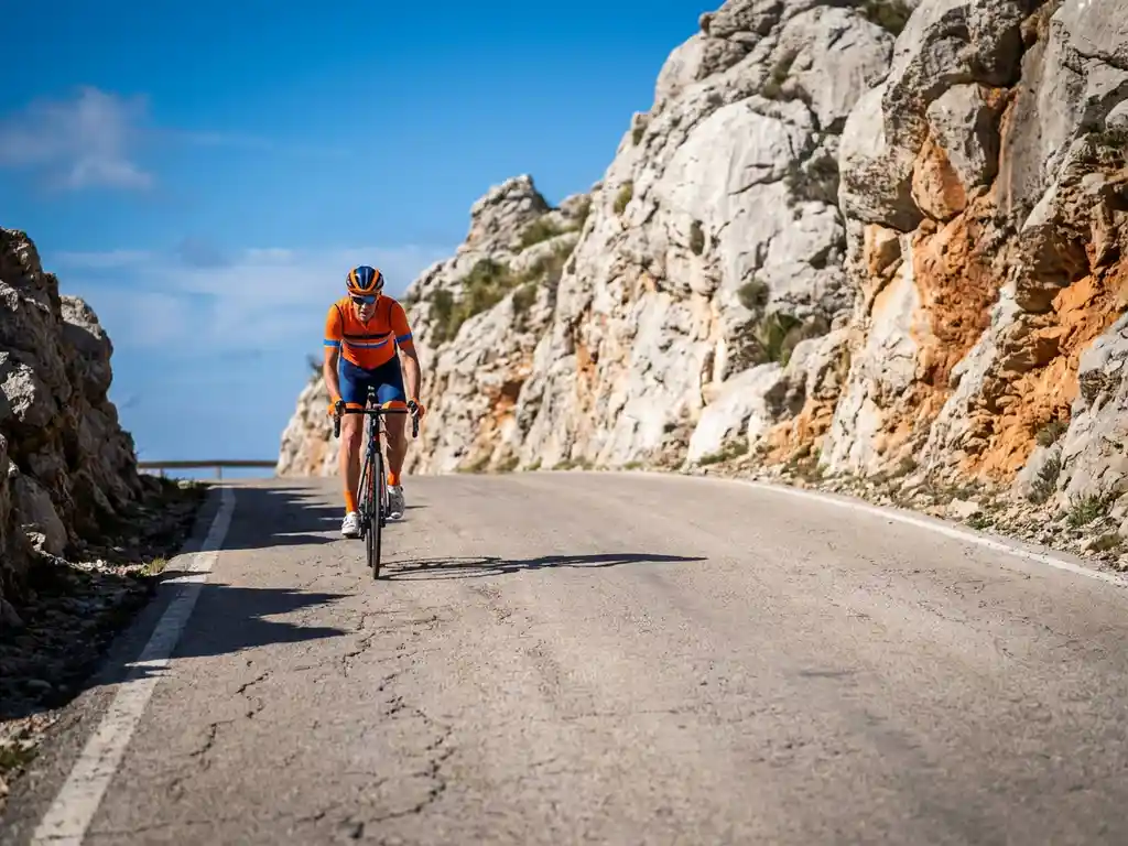 Wielrenner in felle outfit bereikt bergpas op Mallorca, met kalkstenen rotsen van de Serra de Tramuntana en hittegolf boven het asfalt.