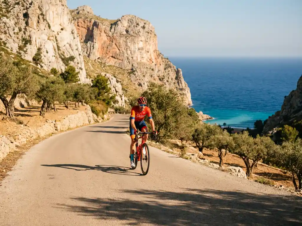Wielrenner in vol tenue beklimt zonnige bergweg op Mallorca, met kalkstenen kliffen, olijfgaarden en turquoise Middellandse Zee op de achtergrond.