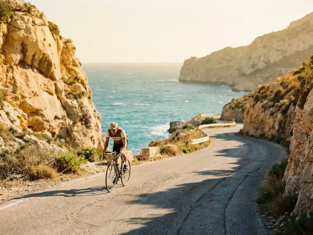 Wielrenner daalt een slingerende bergweg in Mallorca langs gouden kalkstenen kliffen met de turquoise Middellandse Zee ver beneden.
