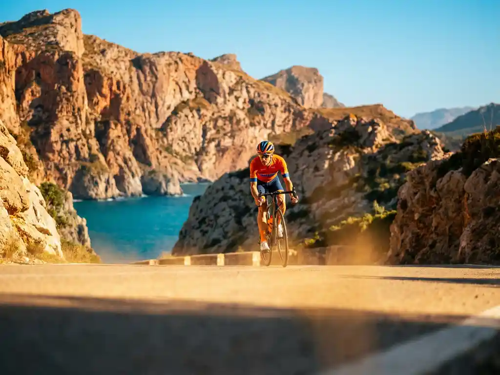 Wielrenner in felgekleurd shirt beklimt kronkelende bergweg op Mallorca, met kalkstenen rotsen van de Serra de Tramuntana en turquoise zee op achtergrond.
