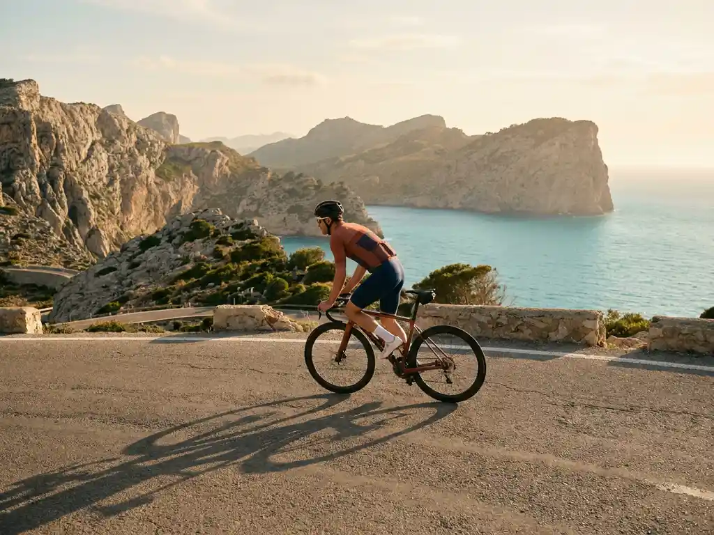 Wielrenner op racefiets langs kustweg in Mallorca, met de Serra de Tramuntana en turquoise Middellandse Zee op de achtergrond.