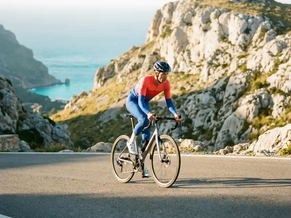 Wielrenner in koraalrood tenue op bergpas in Serra de Tramuntana, Mallorca, met kalkstenen rotsen en turquoise Middellandse Zee op de achtergrond.