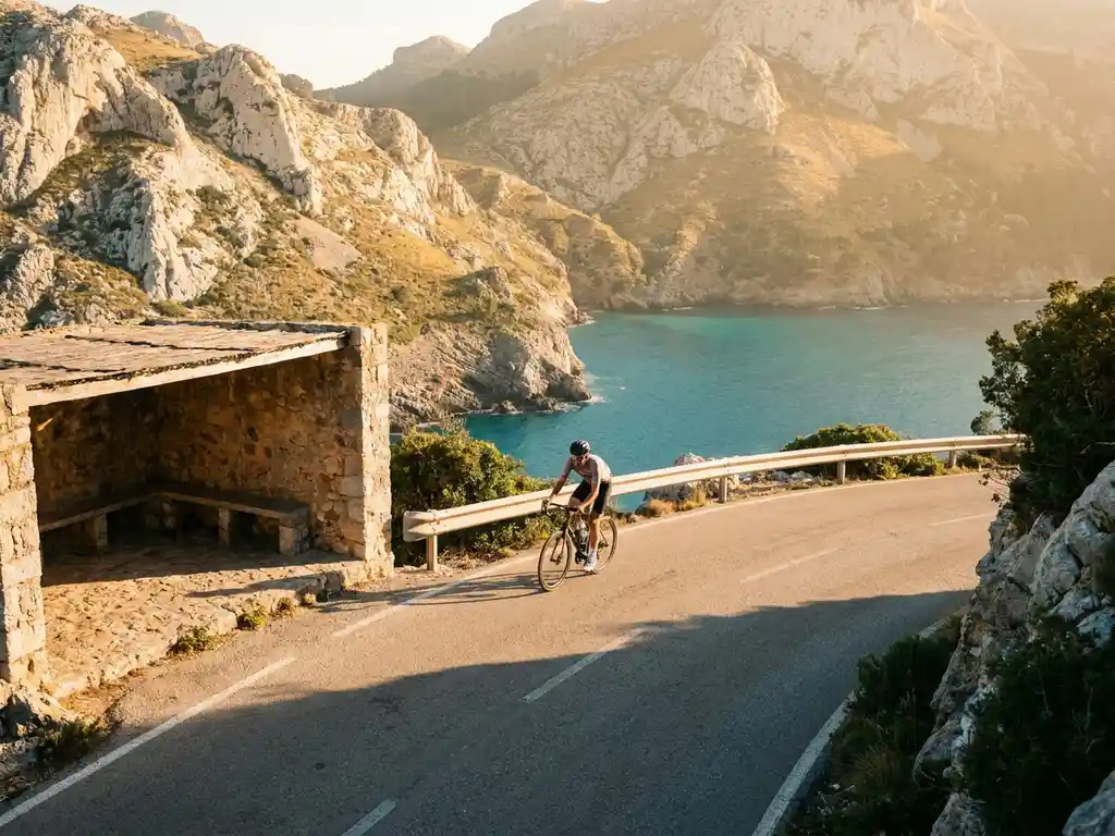 Wielrenner bereikt bergpas in Mallorca met uitzicht op de Serra de Tramuntana en turquoise Middellandse Zee bij gouden uurlicht.