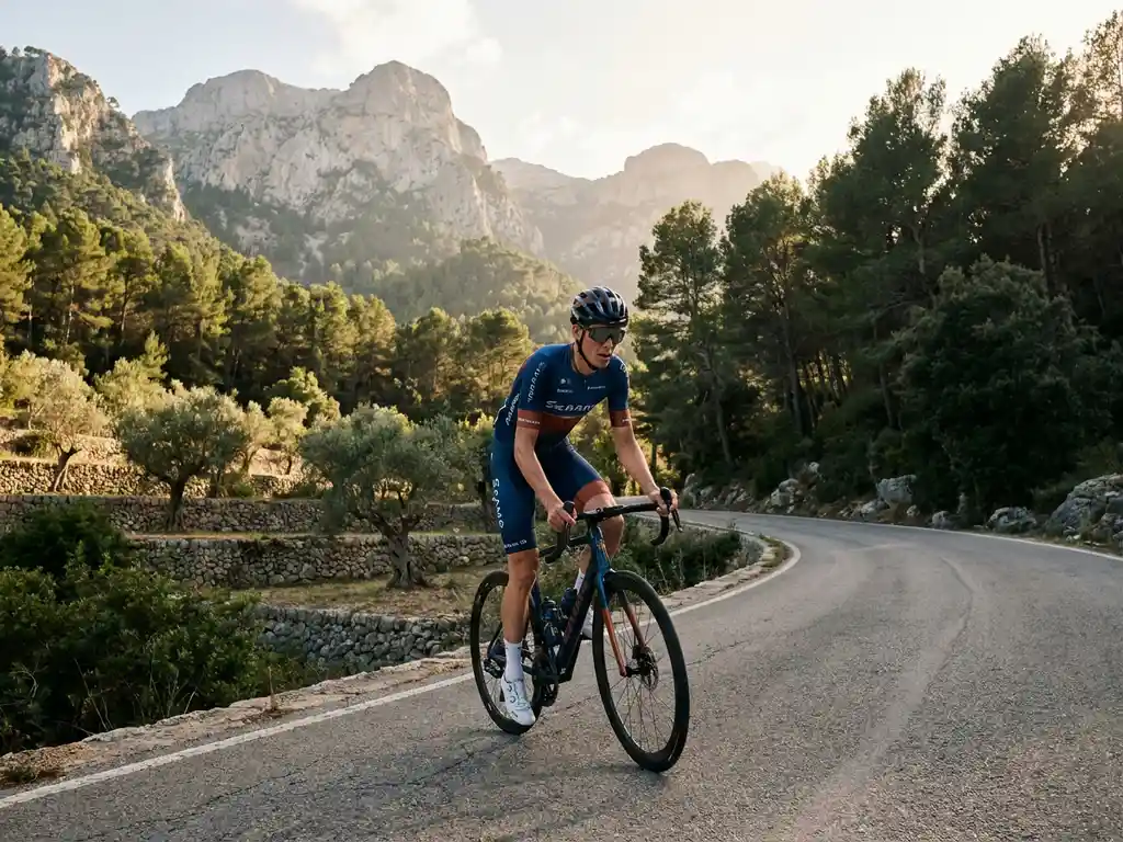 Wielrenner beklimt zonnig bergpas in Mallorca met kalkstenen Serra de Tramuntana-toppen en slingerende weg door olijfgaarden op de achtergrond.