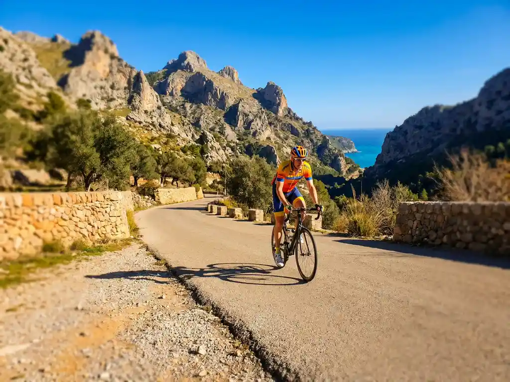 Wielrenner in felgekleurde outfit op bergpas in Mallorca, met kalkstenen Serra de Tramuntana-toppen en turquoise Middellandse Zee op de achtergrond.