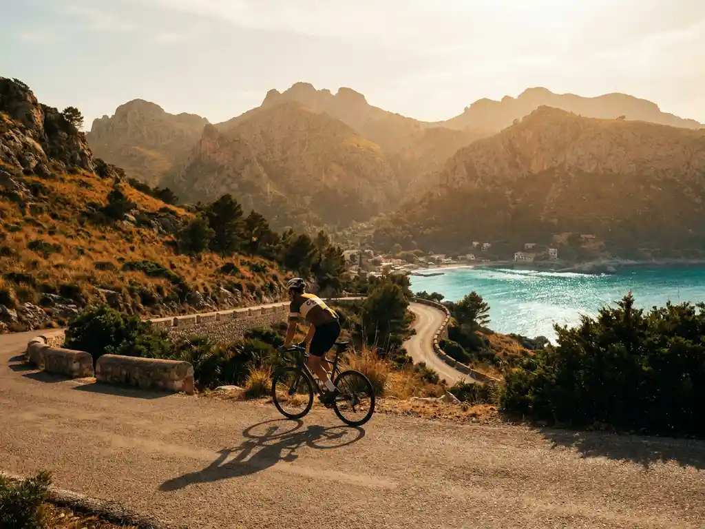 Wielrenner bereikt bergpas in Mallorca met Serra de Tramuntana-kliffen en turquoise Middellandse Zee op de achtergrond.
