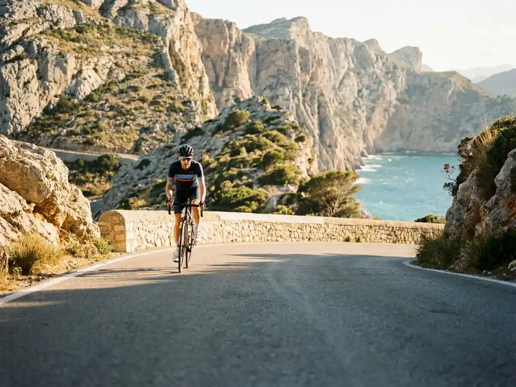 Wielrenner in koerspak bereikt bergpas in Mallorca, met kalkstenen Serra de Tramuntana-kliffen en turquoise Middellandse Zee op de achtergrond.