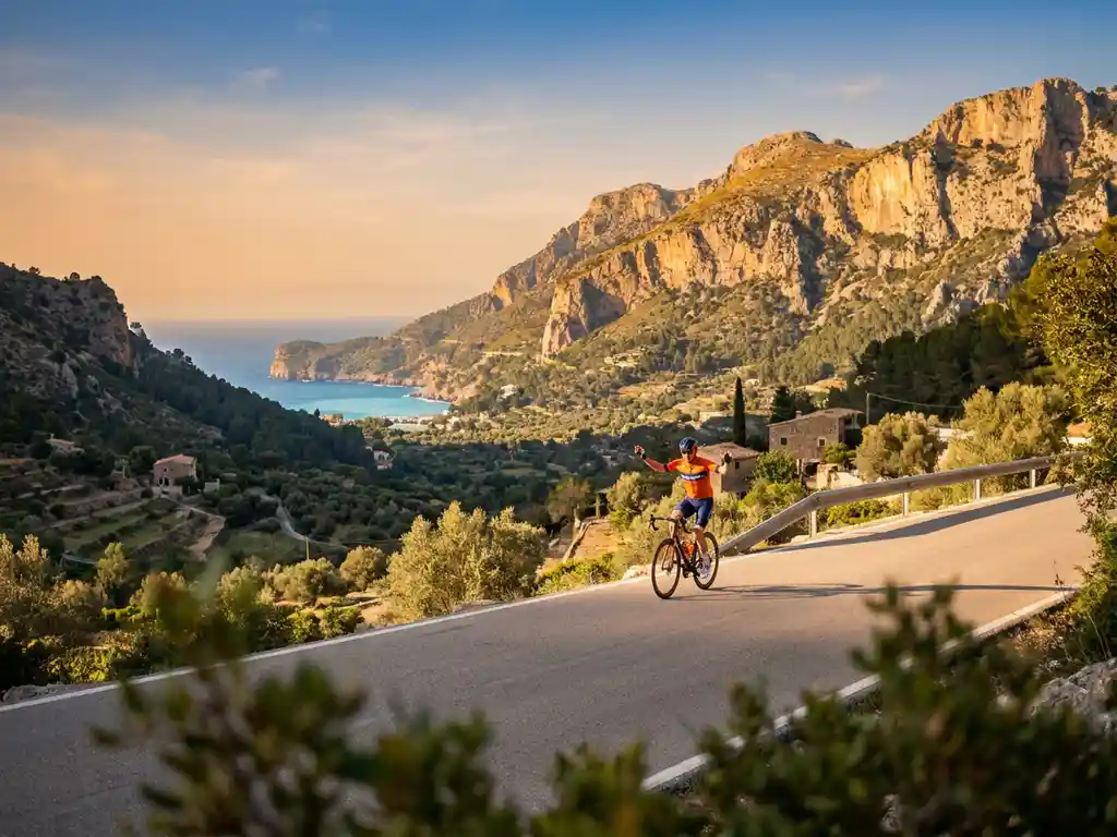 Wielrenner in fel tenue op bergpas in de Serra de Tramuntana, Mallorca, met turquoise Middellandse Zee en kalkstenen kliffen op de achtergrond.