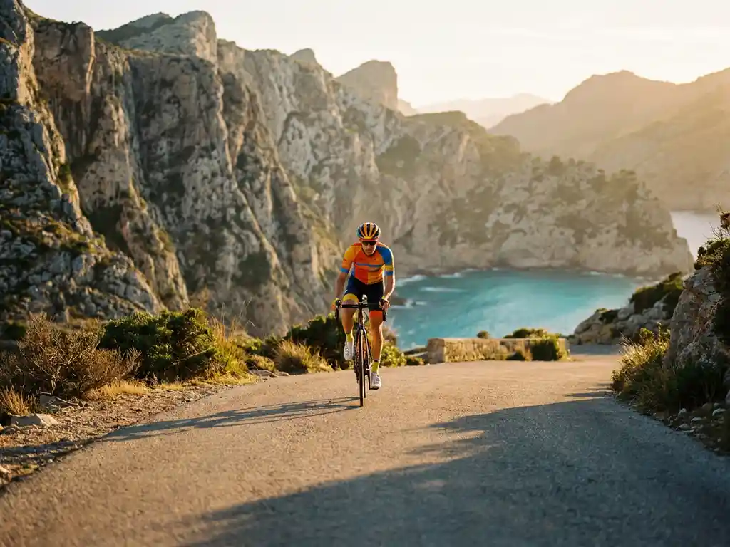 Wielrenner in felgekleurd tenue op een bergpas in de Serra de Tramuntana, Mallorca, met de Middellandse Zee op de achtergrond.