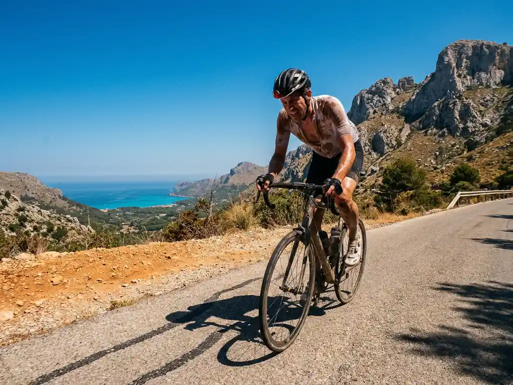 Bezwete wielrenner bereikt bergpas op Mallorca, met kalkstenen Serra de Tramuntana-kliffen en turquoise Middellandse Zee op de achtergrond.