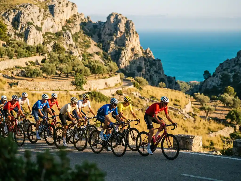 Wielrenners in kleurrijke truien beklimmen een zonnige bergpas op Mallorca, met kalkstenen kliffen en olijfgaarden op de achtergrond.