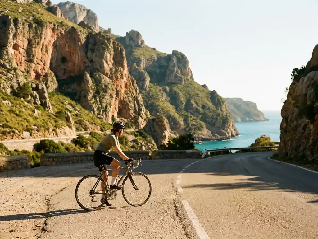 Vrouwelijke fietser op een zonnige bergweg in Mallorca, met de kalkstenen rotsen van de Serra de Tramuntana en de Middellandse Zee op de achtergrond.