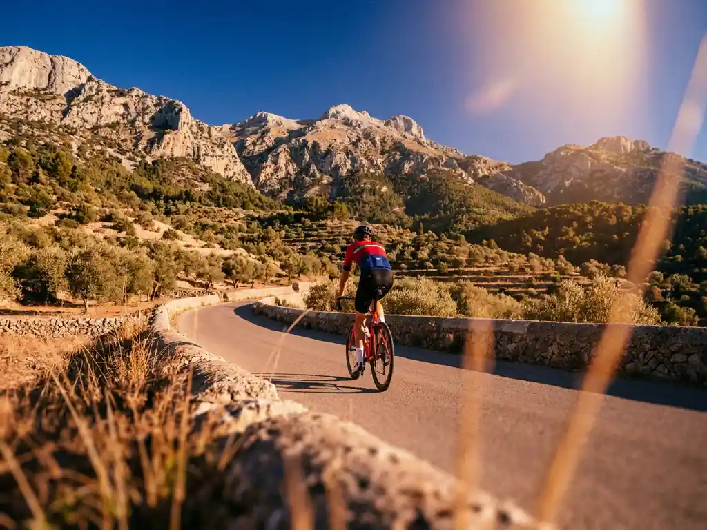 Road cyclist descending a winding mountain pass in Mallorca's Serra de Tramuntana, with terraced olive groves and cobalt sky behind.
