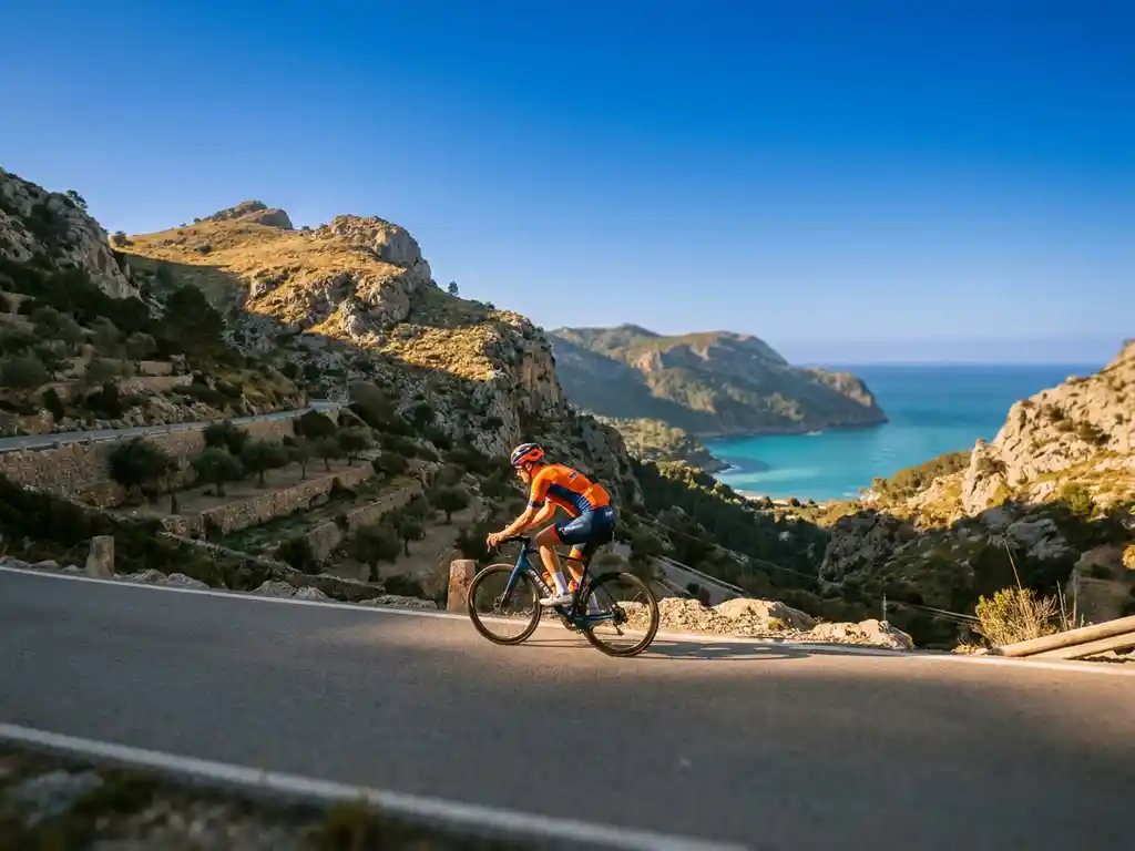 Road cyclist in bright kit climbing a serpentine Serra de Tramuntana mountain road, with terraced olive groves and turquoise Mediterranean below at golden hour.
