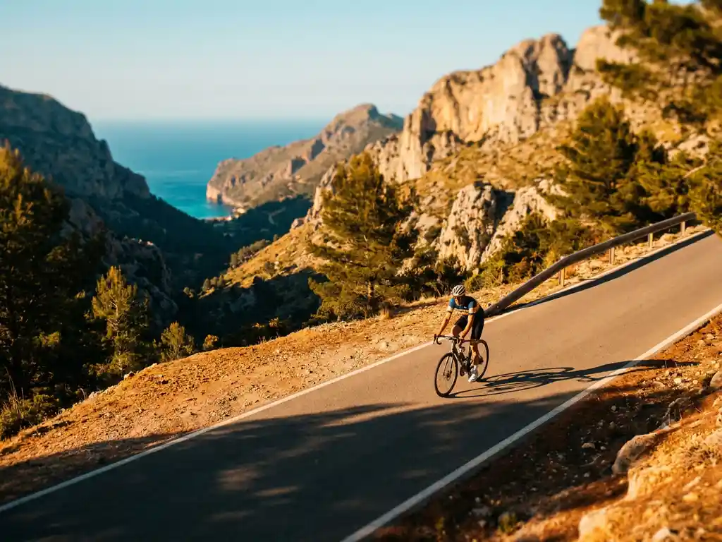 Cyclist climbing a winding mountain road in Mallorca's Serra de Tramuntana, with limestone cliffs and turquoise Mediterranean sea below.