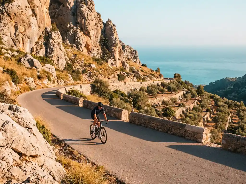 Cyclist riding a road bike along a sunlit Serra de Tramuntana mountain road, with limestone cliffs, terraced olive groves, and the Mediterranean Sea in the distance.