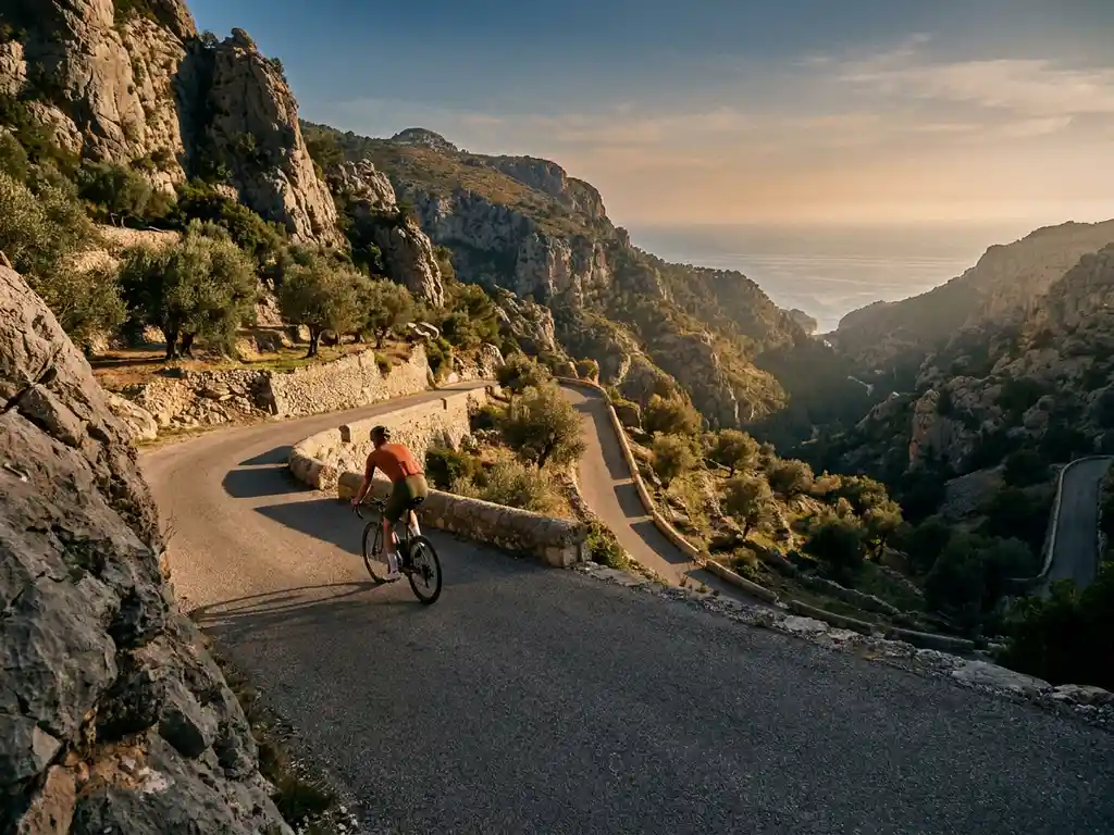 Road cyclist climbing a Serra de Tramuntana switchback, limestone peaks and olive groves above a valley with the Mediterranean Sea at golden hour.