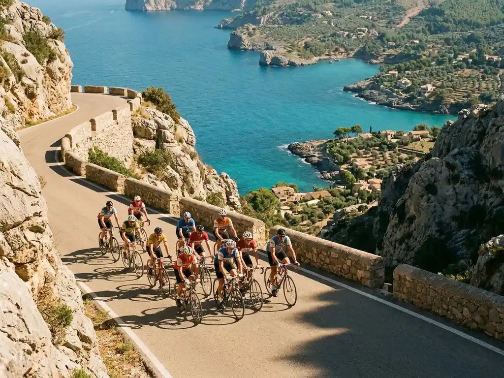 Cyclists in colorful jerseys climbing a winding mountain road in Mallorca's Serra de Tramuntana, with turquoise Mediterranean sea below.