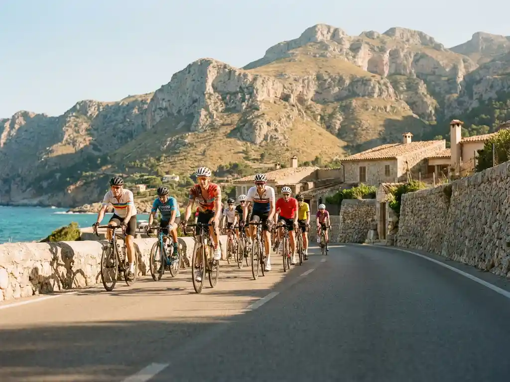 Recreatieve fietsers op een zonnige kustweg op Mallorca, met de kalkstenen Serra de Tramuntana en turquoise Middellandse Zee op de achtergrond.