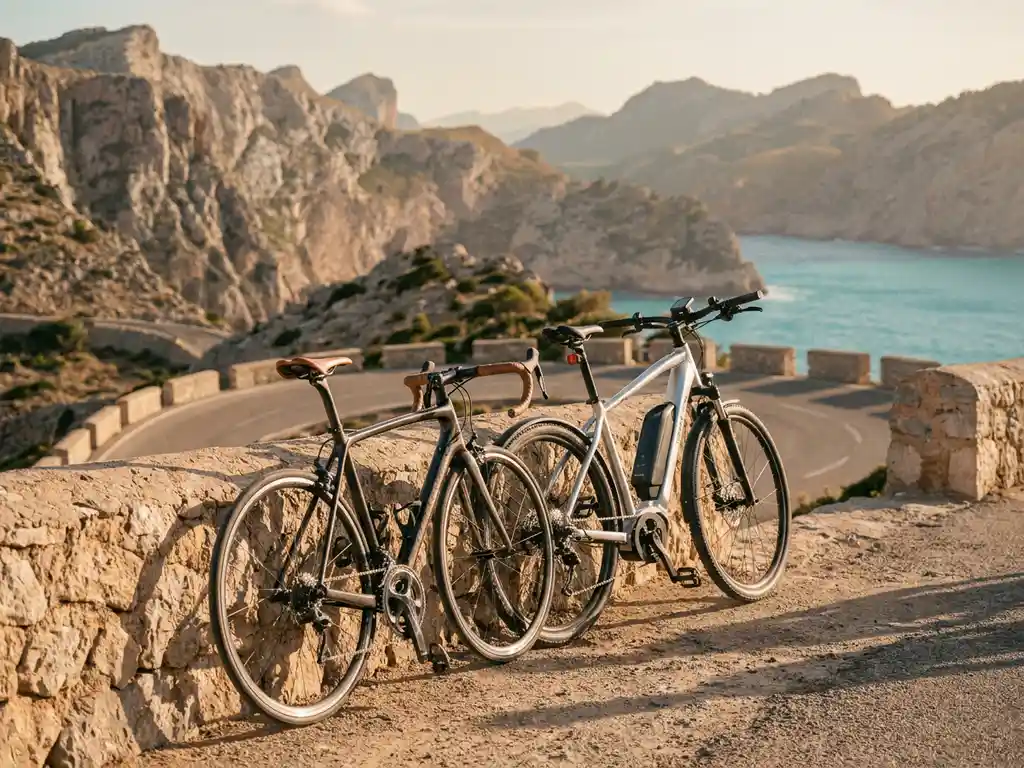 Racefiets en e-bike tegen een verbleekte stenen muur, met de Serra de Tramuntana en turquoise Middellandse Zee op de achtergrond.