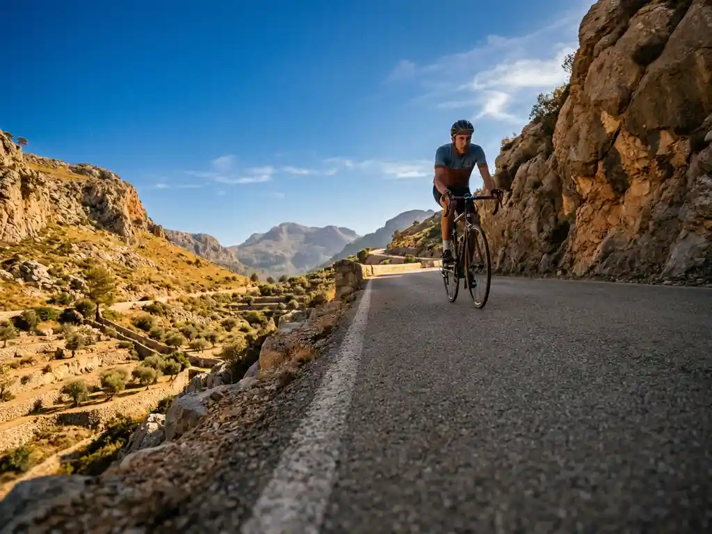 Wielrenner beklimt een kronkelende bergpas op Mallorca, omgeven door kalkstenen rotsen, olijfgaarden en een strakblauwe Middellandse Zeeluchtt.