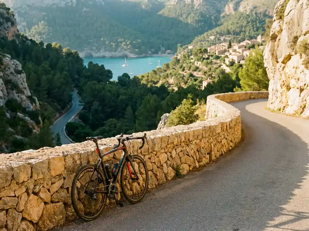 Racefiets tegen een stenen muur op een bochtige bergweg in Mallorca, met turquoise Middellandse Zee in de vallei.