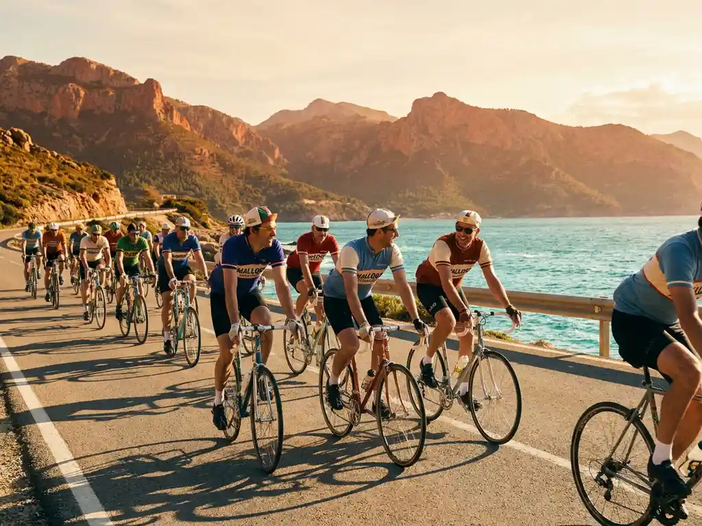 Cyclists riding in a peloton along a sunlit Mallorca coastal road with Serra de Tramuntana mountains and turquoise Mediterranean Sea behind them.