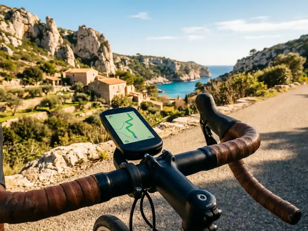 GPS cycling computer on handlebars showing a winding route above Mallorca's Serra de Tramuntana, with limestone cliffs and turquoise Mediterranean bay beyond.