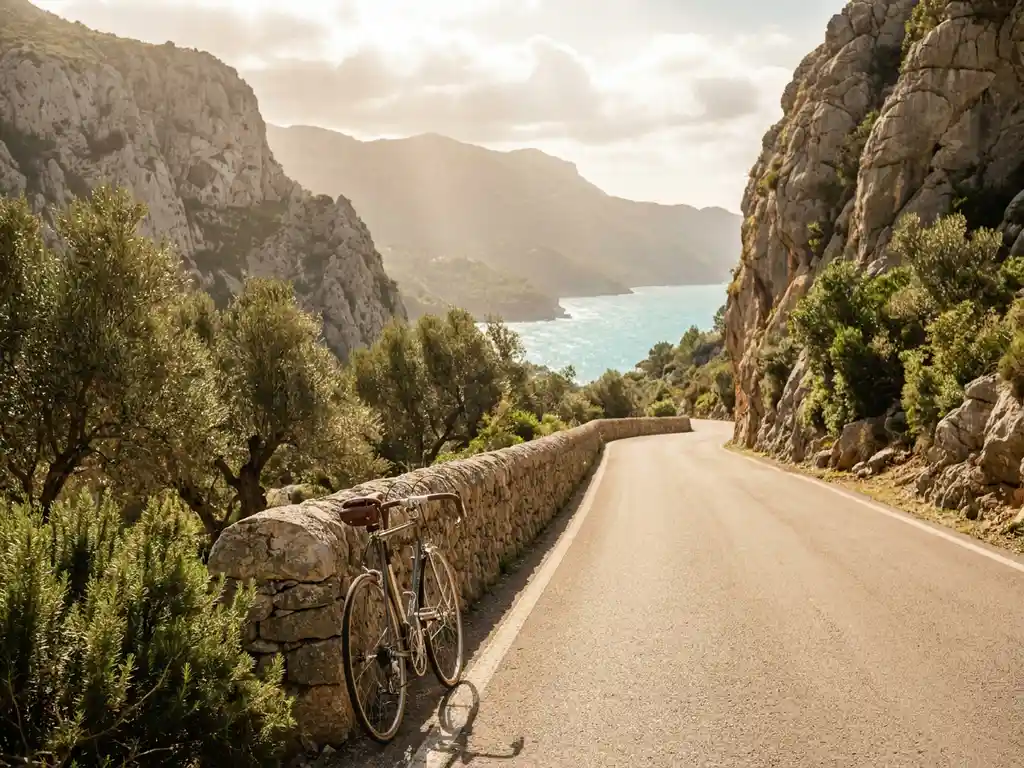 Road bicycle resting against a stone wall on a winding Serra de Tramuntana mountain road in Mallorca, with Mediterranean sea views below.