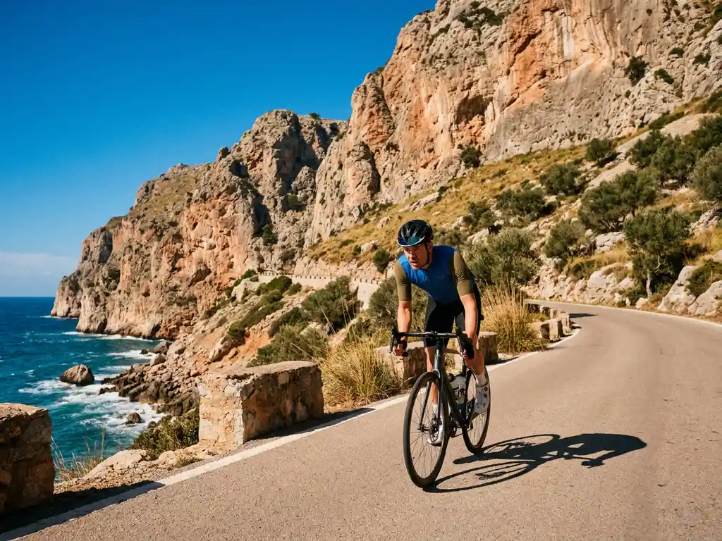 Road cyclist battling headwinds on a coastal Mallorca road, Serra de Tramuntana limestone cliffs and turquoise Mediterranean sea behind.