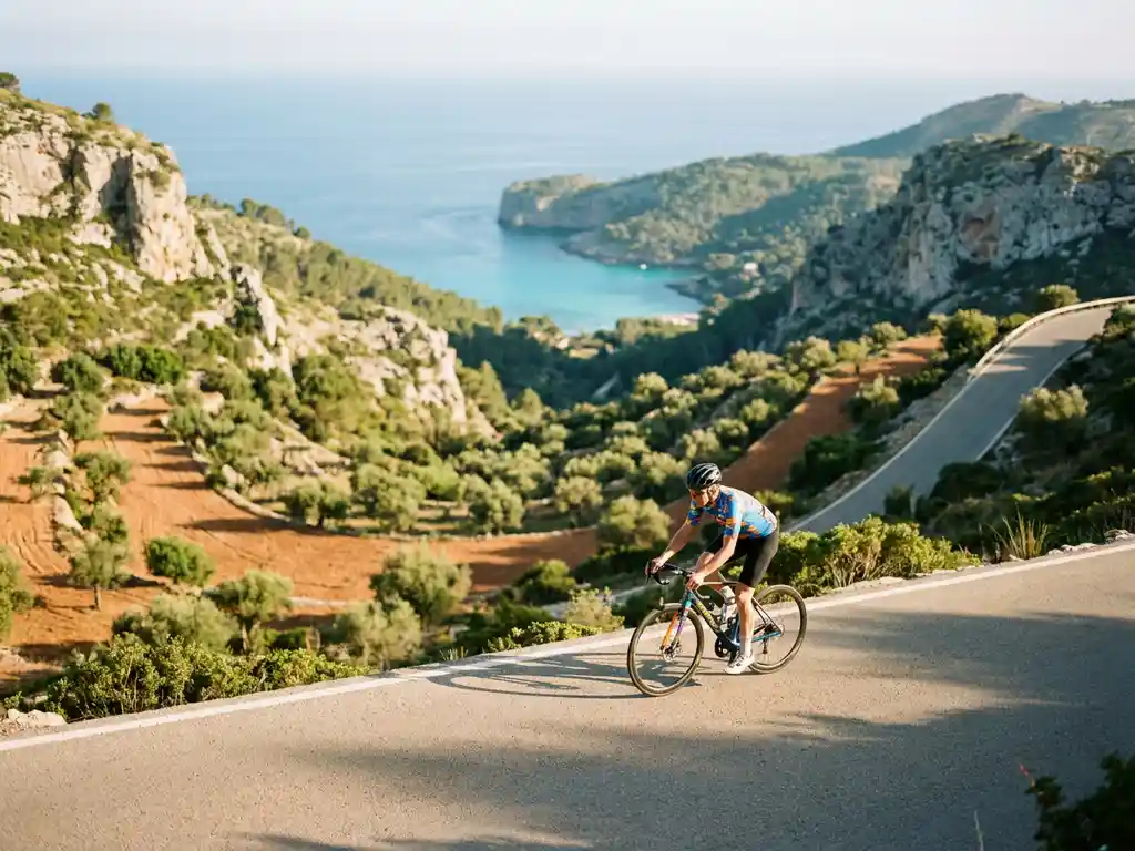 Road cyclist in colorful kit climbing a sun-drenched Mallorca mountain pass, with terraced olive groves, limestone cliffs, and a turquoise Mediterranean bay below.
