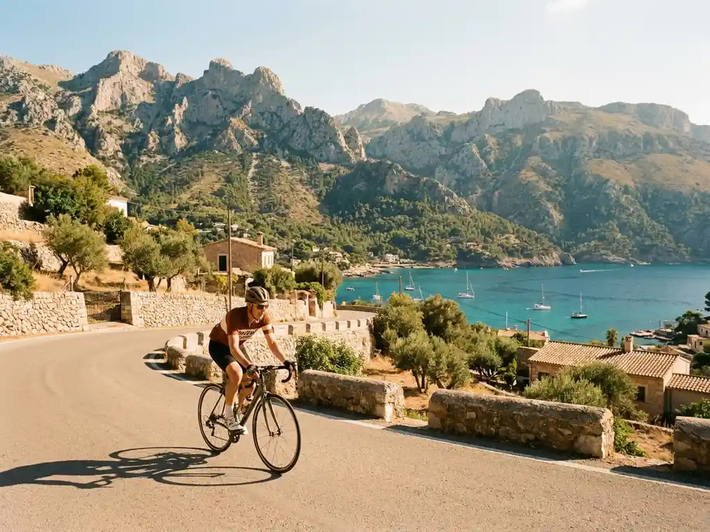 Road cyclist cresting a Mallorca mountain pass with Serra de Tramuntana limestone peaks and turquoise Mediterranean bay in golden midday light.