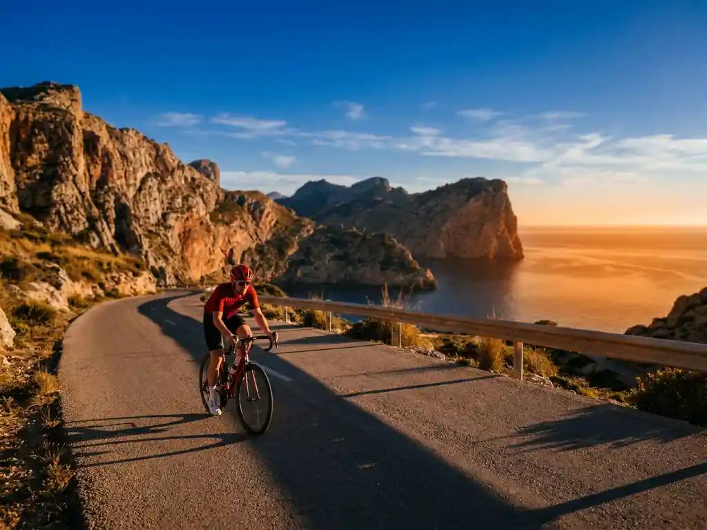 Road cyclist cresting a winding Mallorca mountain pass at sunrise, Serra de Tramuntana limestone cliffs and golden Mediterranean Sea behind.