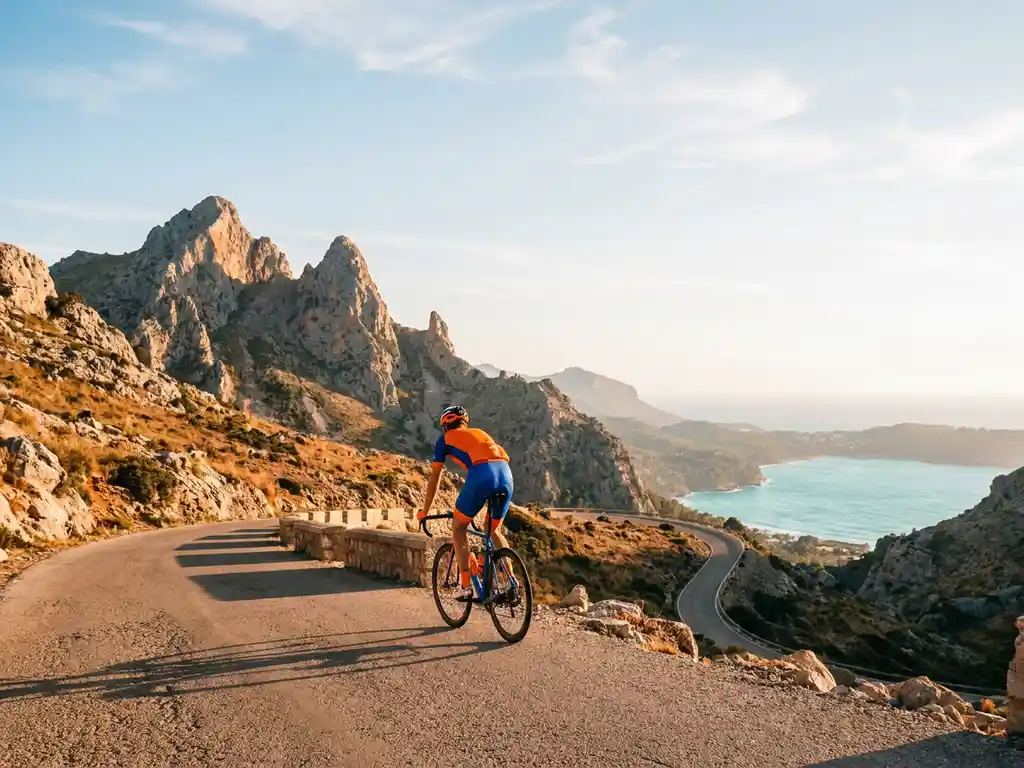 Cyclist in bright kit cresting a Serra de Tramuntana mountain pass in Mallorca, with a winding coastal road and turquoise Mediterranean bay below at golden hour.