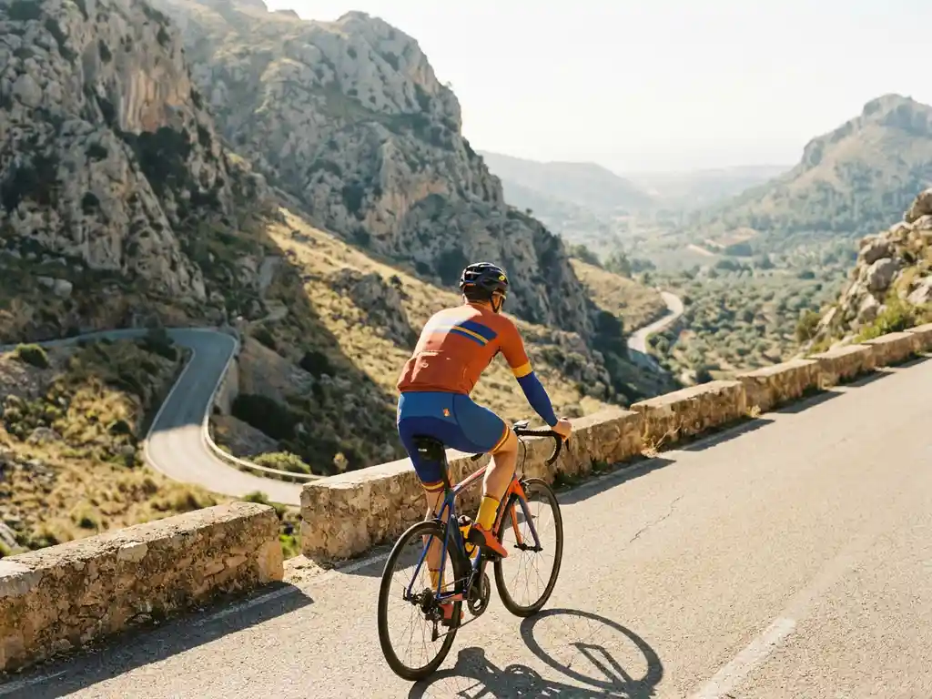 Cyclist climbing a sunlit mountain pass in Mallorca's Serra de Tramuntana, with limestone cliffs and a winding road descending into the valley.