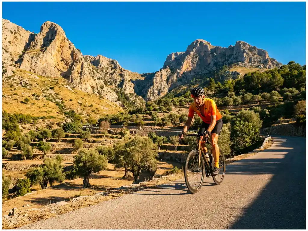Road cyclist in bright kit climbing a sun-drenched Mallorca mountain pass, limestone Serra de Tramuntana peaks and terraced olive groves behind.