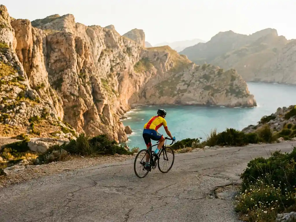 Cyclist in bright kit cresting a Mallorca mountain pass, Serra de Tramuntana cliffs and turquoise Mediterranean sea in golden afternoon light.