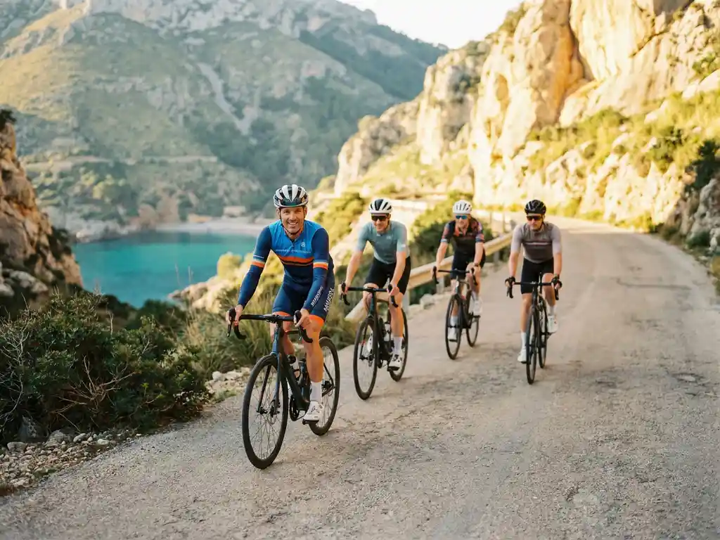 Fietsgids leidt groep wielrenners door bergpas op Mallorca, met gouden kalksteenrotsen en turquoise Middellandse Zee bij gouden uur.
