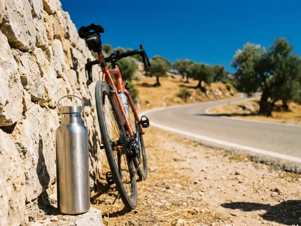 Zweetnatte roestvrijstalen bidon tegen een verkalkte muur, met een racefiets en slingerende bergweg door gouden Mallorcaanse heuvels op de achtergrond.