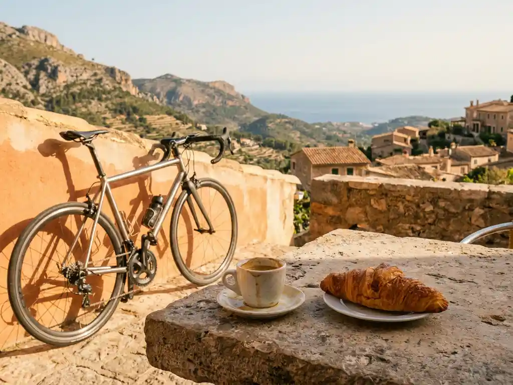 Espressotasse und Croissant auf Steinterrasse in Mallorca, Rennrad an sonniger Wand, Bergpanorama und Terrakottadächer im Hintergrund.