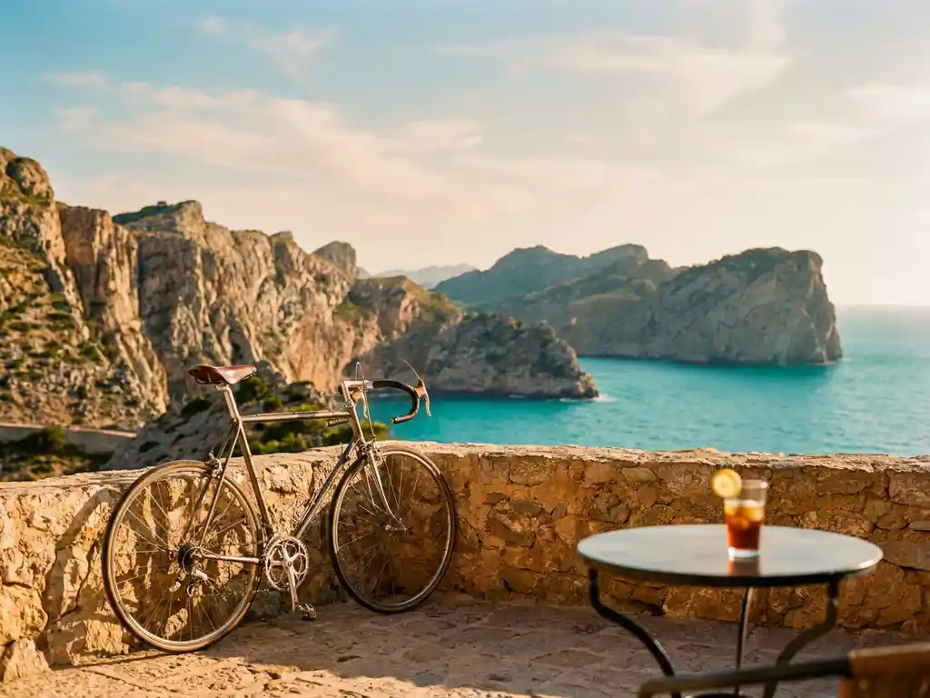 Racefiets tegen een stenen muur met uitzicht op de Serra de Tramuntana en turquoise Middellandse Zee in Mallorca.