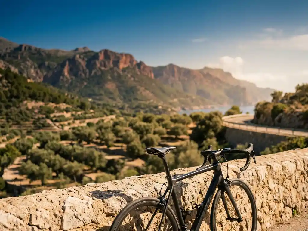 Racefiets tegen kalkstenen muur met uitzicht op Serra de Tramuntana, olijfgaarden en kronkelende kustweg in Mallorca.