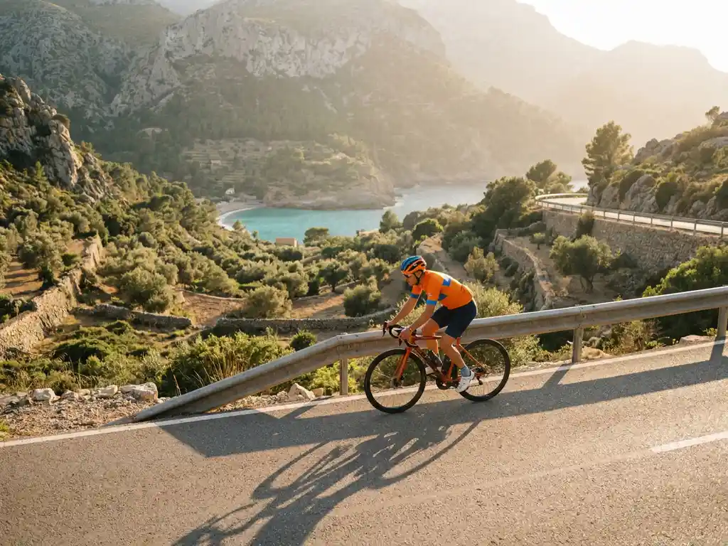 Radsportler in buntem Trikot erklimmt kurvenreiche Bergstraße in der Serra de Tramuntana, Mallorca, mit Olivenhainen und Mittelmeer im Tal.