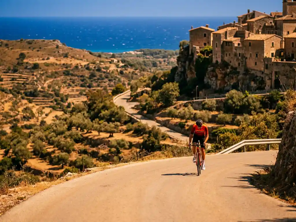 Wielrenner beklimt een zonnige bergpas in de Serra de Tramuntana, Mallorca, met olijfgaarden, kliffdorp en Middellandse Zee op de achtergrond.