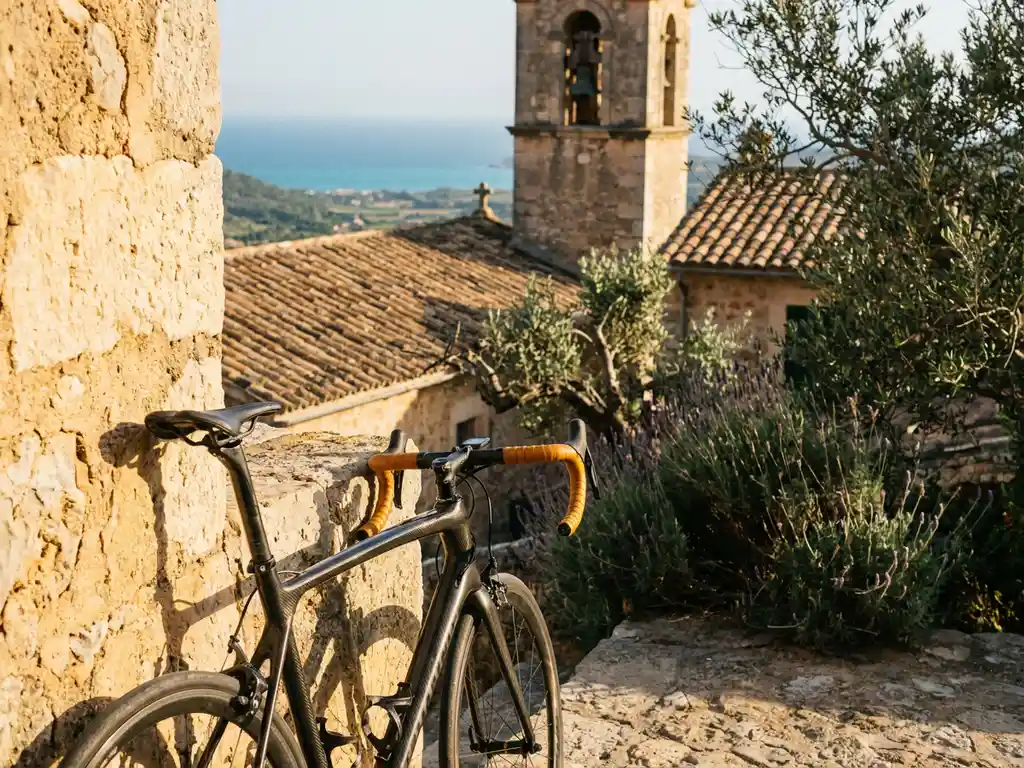 Racefiets tegen een gouden stenen muur in een Mallorquin dorp, met terracotta daken, middeleeuwse kerktoren en turquoise Middellandse Zee op de achtergrond.