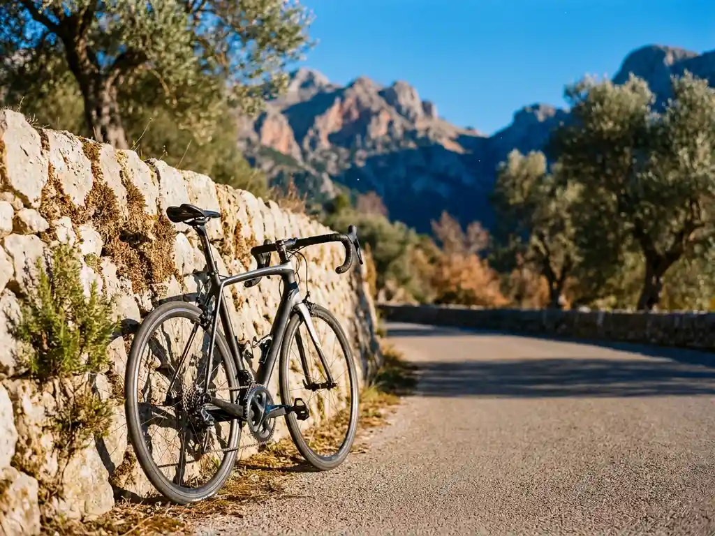 Racefiets tegen een kalkstenen muur op een kronkelende bergweg in de Serra de Tramuntana, Mallorca, met olijfbomen en rozemarijn.