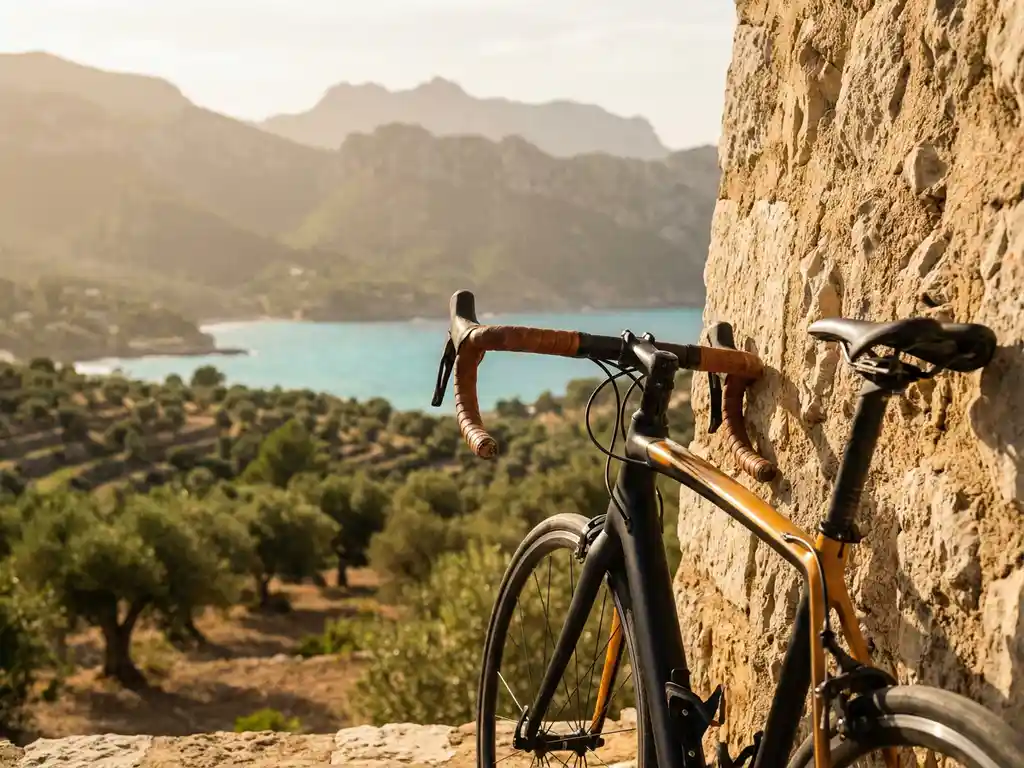 Racefiets tegen kalkstenen muur in de Serra de Tramuntana, Mallorca, met olijfgaarden en turquoise Middellandse Zee op de achtergrond.
